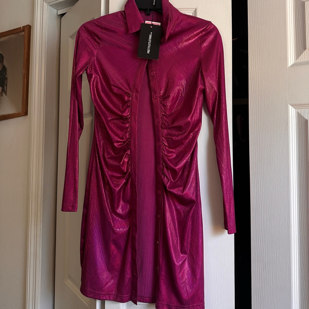 PrettyLittleThing Pink Ruched Bodycon Dress with Notched Collar